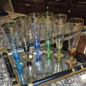 Vintage Mid-century uxurious Gold-Rimmed Multicolor Champagne Flutes Set